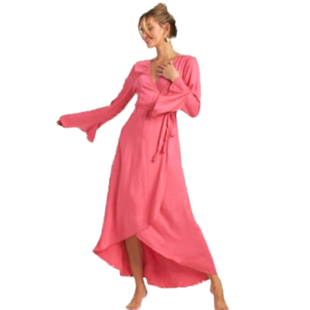 BILLABONG Flair Fare Maxi Long Bell Sleeves X-Small Sunset Pink Dress